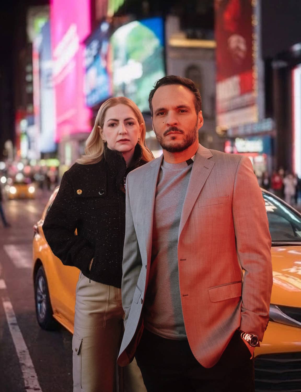 Paty e Fred em Times Square, à noite, com os letreiros de neon ao fundo